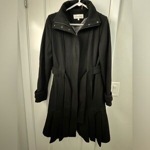 Calvin Klein Black Fitted,Wool, Belted, Pleated Dress Peacoat Jacket